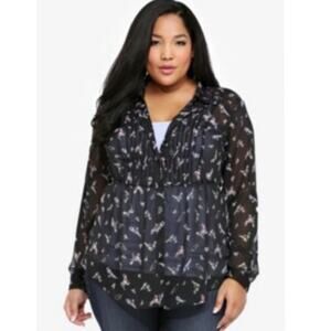 Torrid Bird Pront Chiffon Button Up Top Size 1X Black Multi